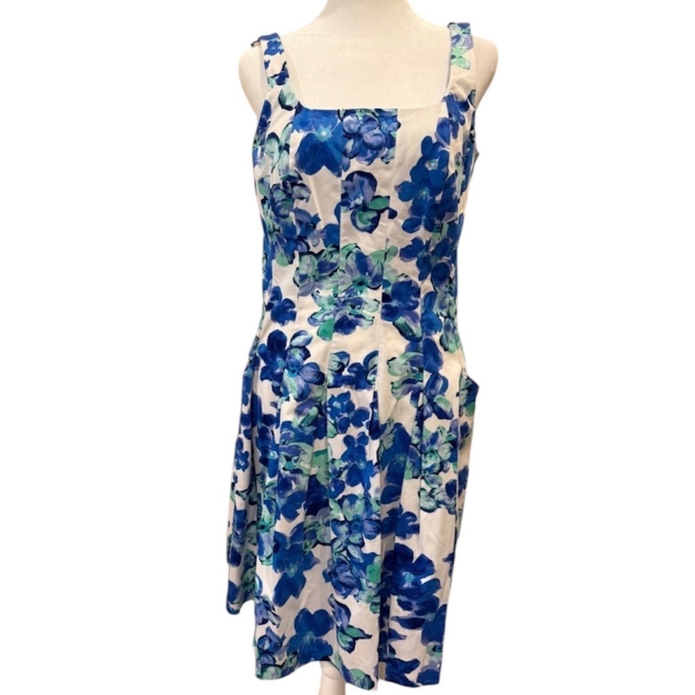 Lauren Ralph Lauren Blue Floral Watercolor Fit & Flare Dress Pockets 4